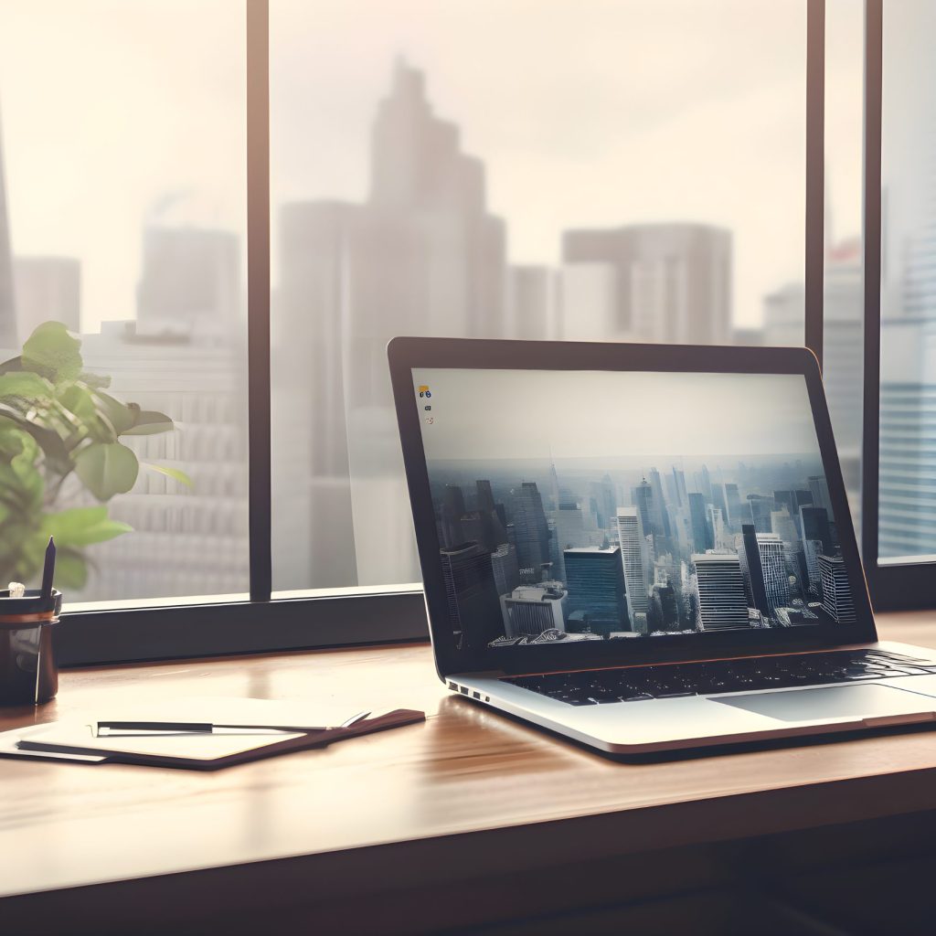 Laptop on wooden table in office with city view Mock up 3D Rendering